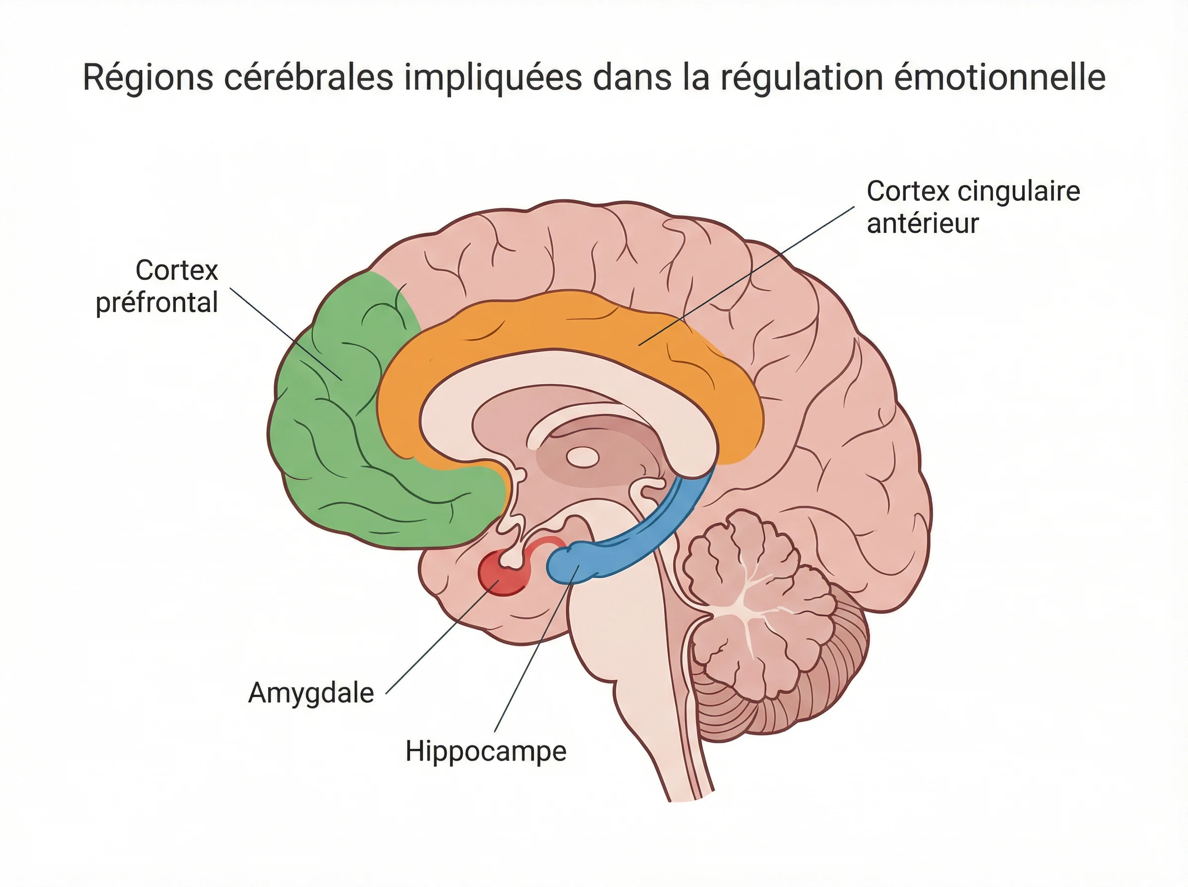 Régions cérébrales impliquées dans la régulation émotionnelle : amygdale, hippocampe, cortex préfrontal et cortex cingulaire antérieur.